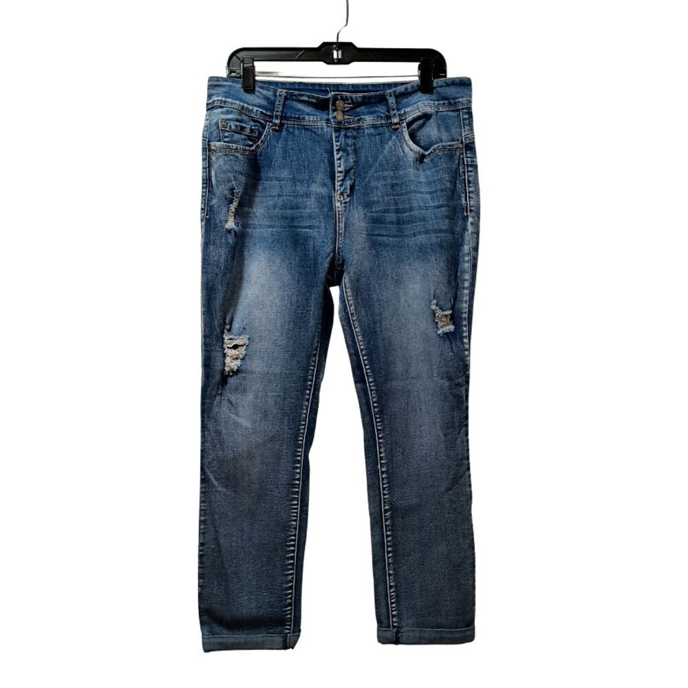 Harmony & Havoc Cropped Jeans Women's 14 Blue Straight Distressed Stretch Cuffed
